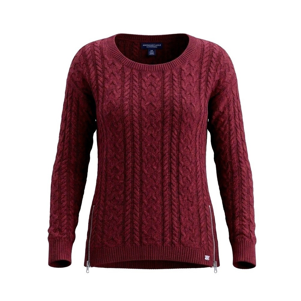 American Eagle Burgundy Cable Knit Sweater with Side Zippers Cozy Fall Fashion S